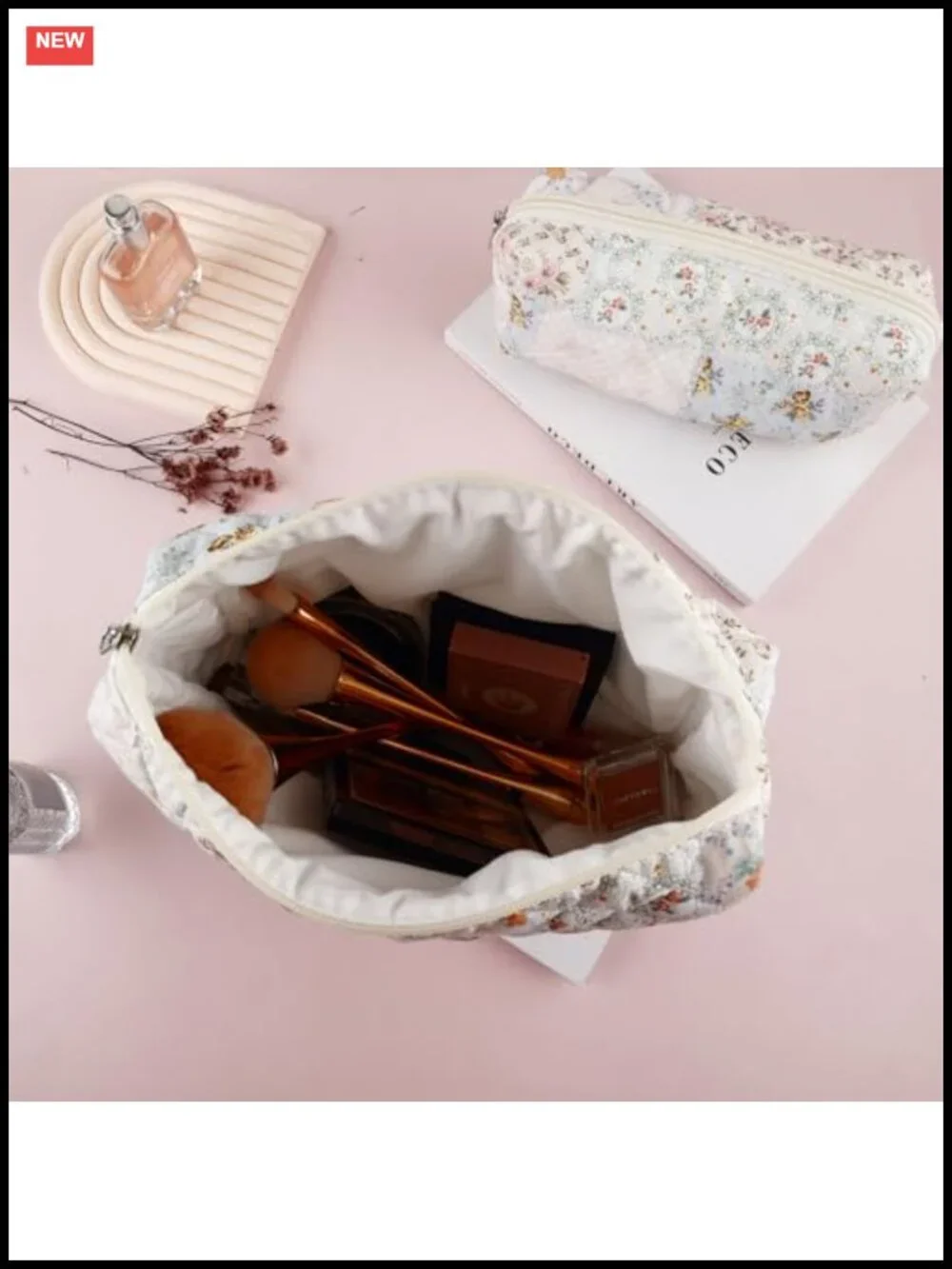 Quilted Cotton Makeup Bag Set - Floral Pouch Travel Organizer & Brush Holder